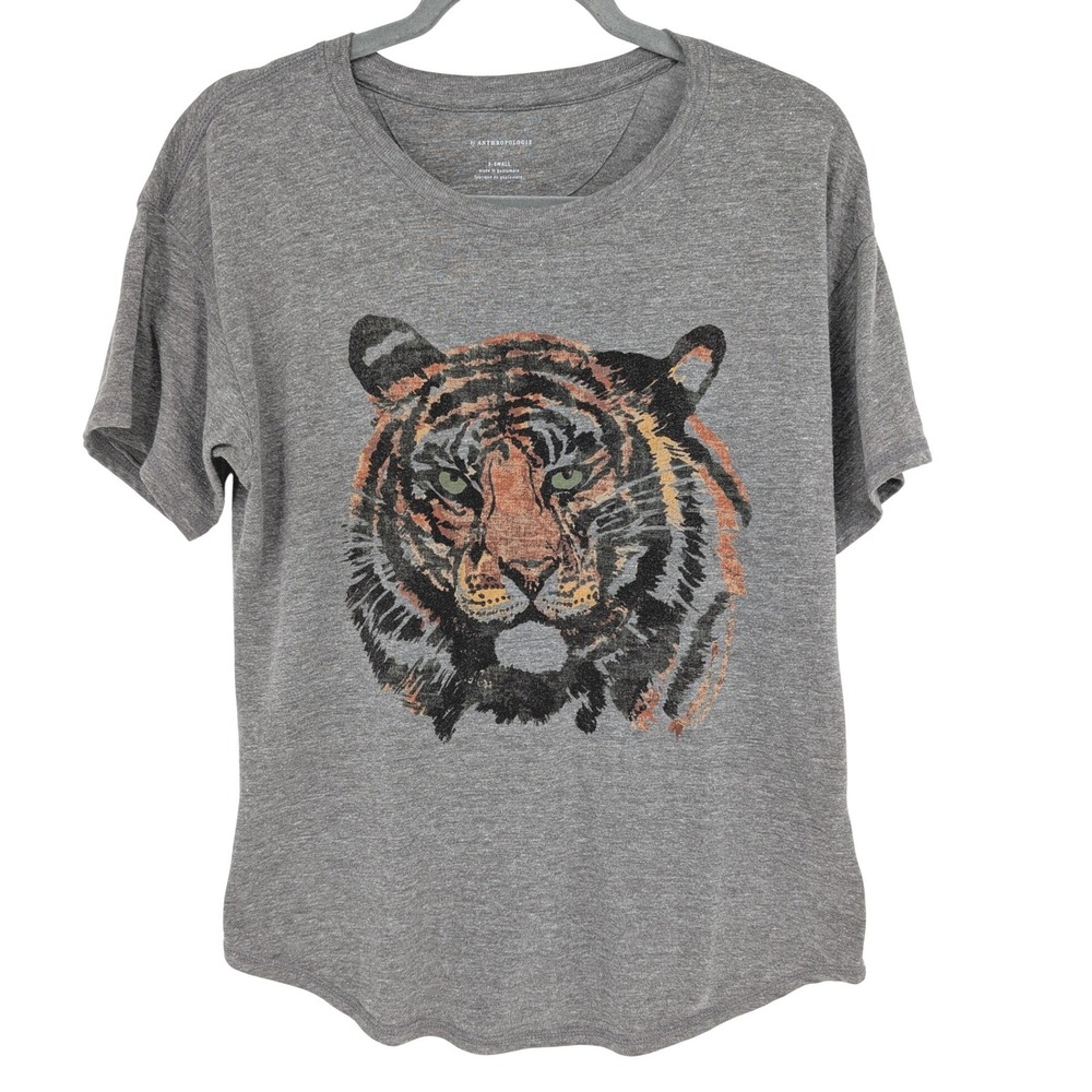 Anthropologie Tigress‎ Graphic Tee XS Gray Short Sleeve Relaxed Fit Cat Indie
